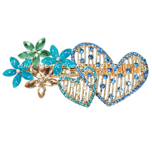Haarclip Herzen & Blumen Haarspange Strass Metall Acryl blau türkis grün champagner 5681c - zum Schließen ins Bild klicken